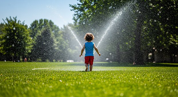 Kind, Sprinkler, Wasser, Rasen, Grün