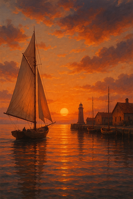 Solnedgang, Seilbåt, Fyr, Havn, Marina