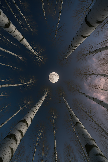 Free birch trees full moon sky moon forest scene illustration