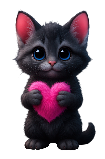 Free cute kitten black cat holding heart illustration