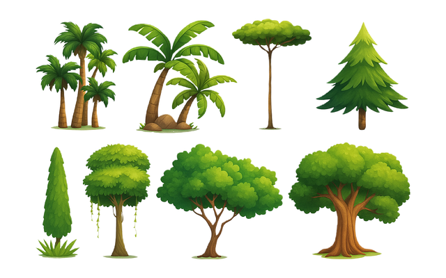 Bomen, Palm, Pijnboom, Eik, Cipres