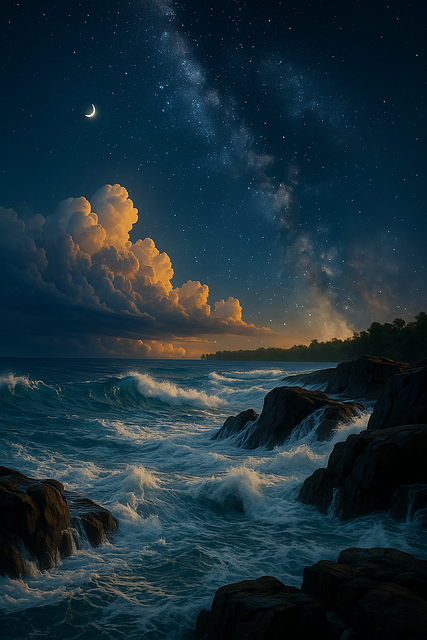 Free night ocean waves seascape illustration