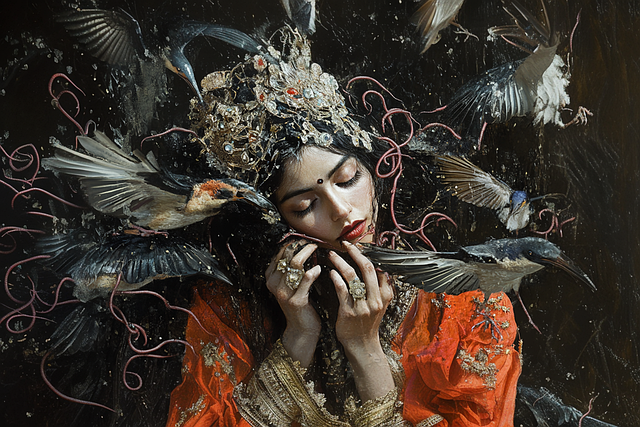 Free woman birds fantasy illustration