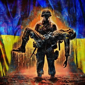 Ukraine, Soldaten, Flagge, Verwundet