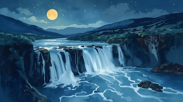 Free moon waterfall watercolor illustration