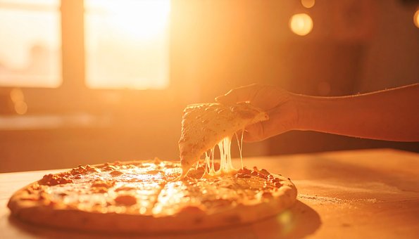 Pizza, Ost, Solnedgang, Hånd, Skive