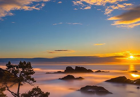 Solnedgang, Natur, Mer, Himmel, Skyer