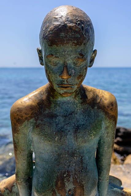 Dreng, Statue, Bronze, Hav, Trist