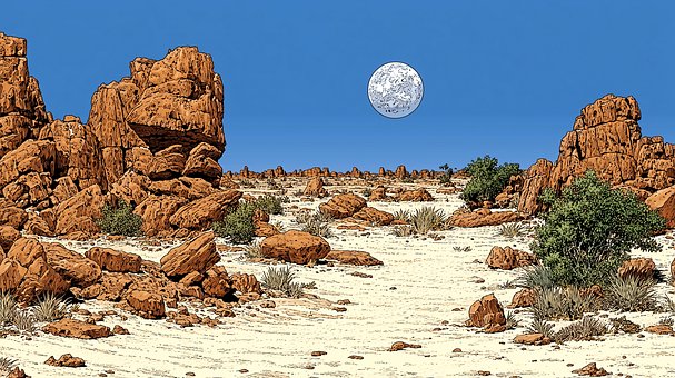 Desierto, Paisaje, Arena, Rocas, Luna