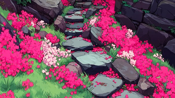 Piedras, Pasos, Flores, Rosado, Rosa