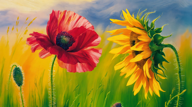 Free ai generated red poppy yellow sunflower illustration