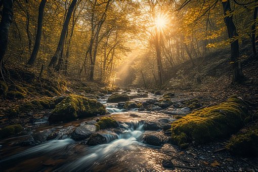 Skov, Strøm, Efterår, Natur, Vandfald