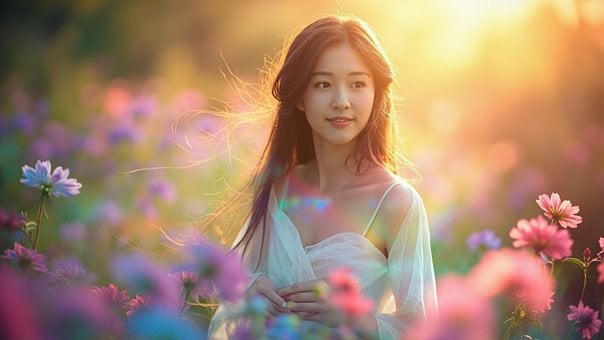 Mujer, Asia, Floración, Sonrisa, Alegría