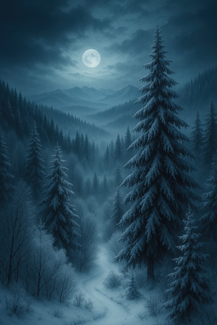 Free ai generated snowy forest full moon illustration