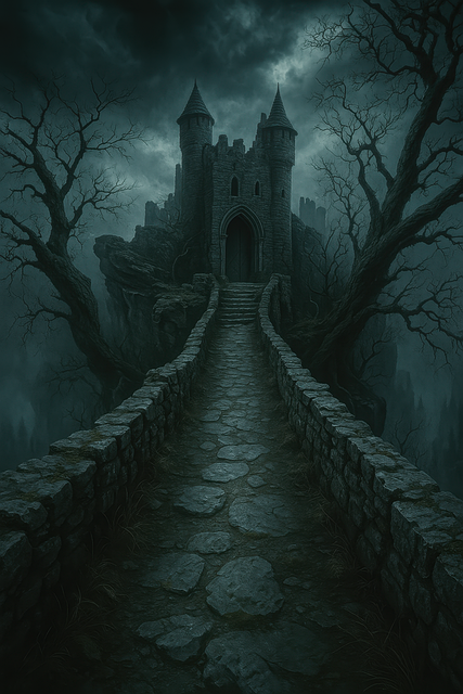 Free haunted castle spooky forest stone path illustration