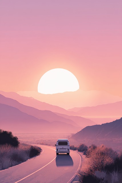 Free sunset road van illustration