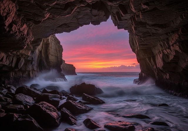 Free Sea Cave Sunset Seascape illustration and picture