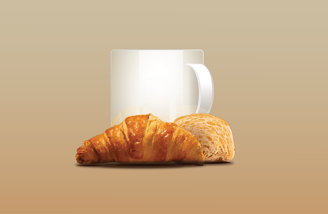 coffee, croissant, pastry, beverage, coffee cup, mug, cafe, office, drink, food, tea