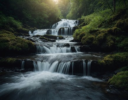 Bosque, Cascada, Atardecer, Naturaleza