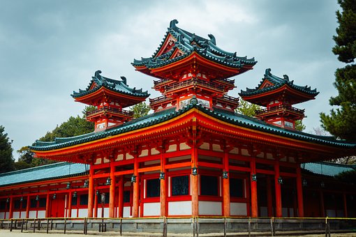 Tempel, Træ, Forår, Skyer, Japan, Kyoto