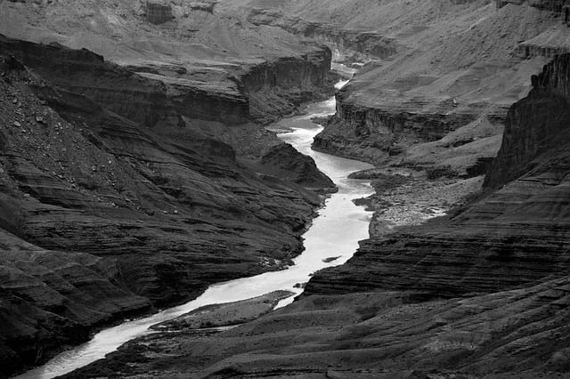 canyon, usa, nature, landscape, arizona, desert, rock, sandstone, flow, colorado, water, black-and-white, dramatic, drama, mood, geology, erosion, rock formations, rock formation, dryness, layering, sightseeing, epic, freedom, mystical