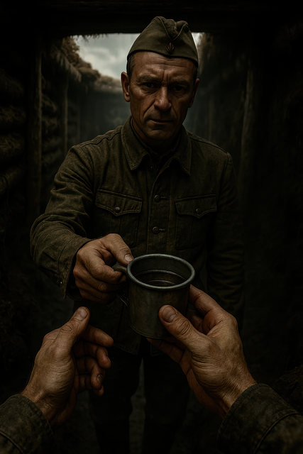Free ai generated soldier sharing drink wartime trench scene illustration