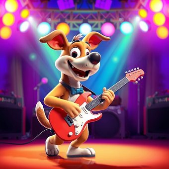 Tegneserie, 3D, Hund, Guitar, Musik