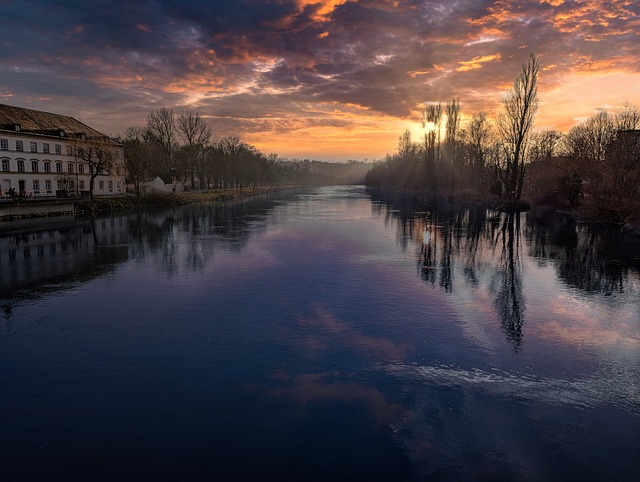 Příroda, Landshut, Západ Slunce, Voda