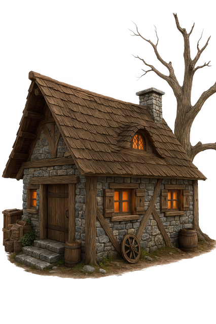 Free medieval cottage stone house wooden roof illustration