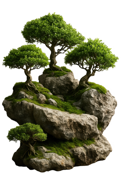 Free ai generated bonsai trees mossy rocks illustration