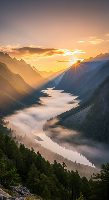 Berg, Sonnenaufgang, Senke, Nebel