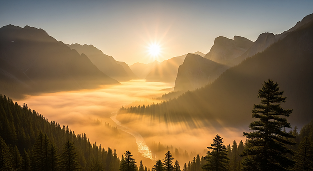 Berg, Sonnenaufgang, Senke, Nebel