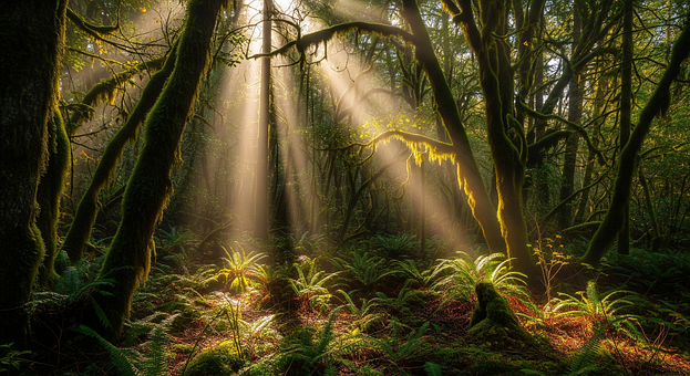 Wald, Sonnenlicht, Bäume, Natur, Grün
