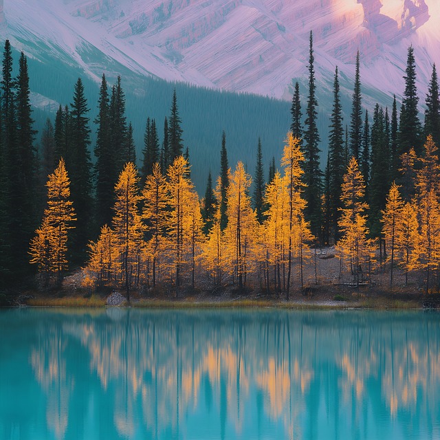 Free golden larch autumn alpine lake illustration