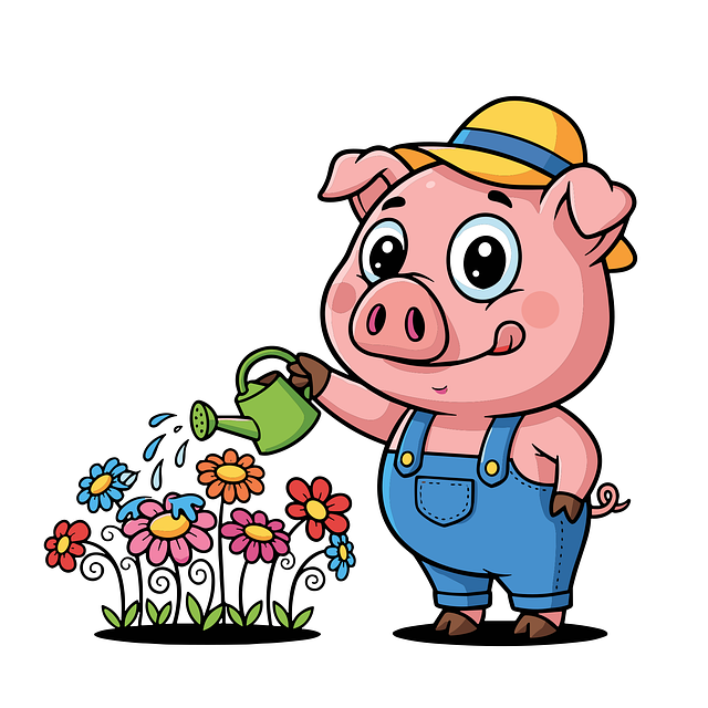 Free ai generated piglet watering flowers illustration
