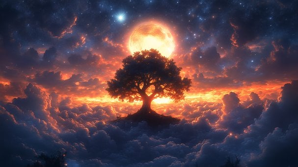 Copac, Nori, Luna, Natura, Noapte