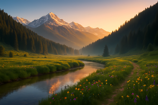 Ai Generiert, Gebirgstal, Sonnenaufgang