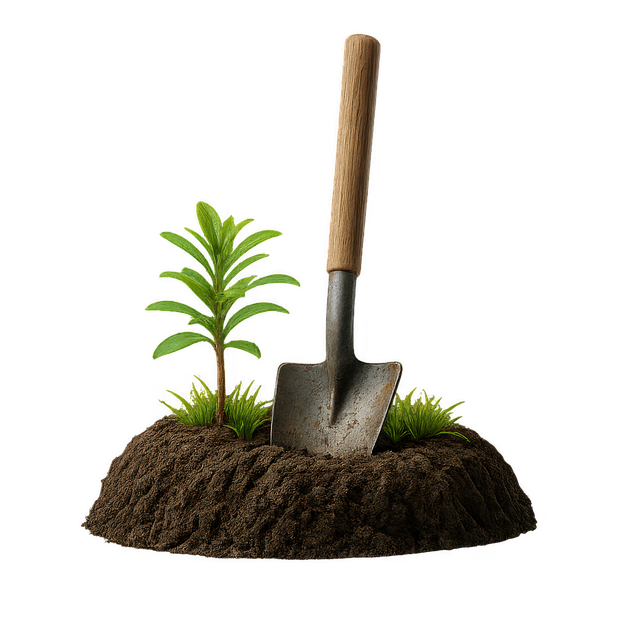 Free gardening shovel plant growing seedling in soil illustration