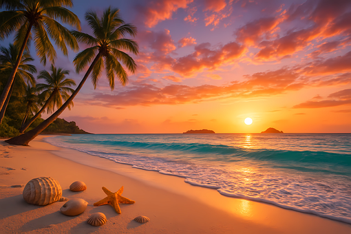 Tropischer Strand, Sonnenuntergang