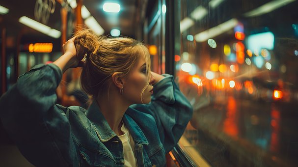 Jonge Vrouw, Trein, Nacht Stad