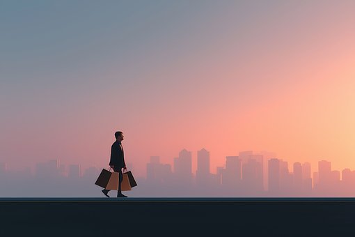 Silhouet, Winkelen, Skyline Van De Stad