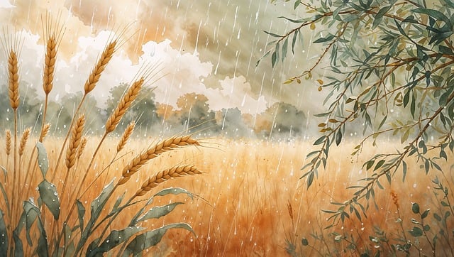 Felt, Hvede, Regn, Akvarel, Landskab