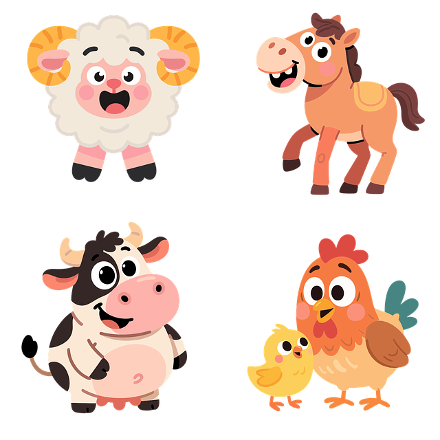 Die Schafe, Ram, Pferd, Kuh, Hähnchen