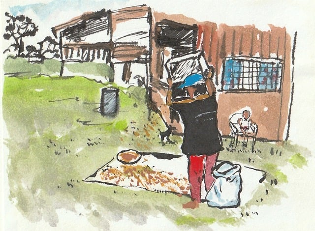 Free winnowing rural life mother and child illustration