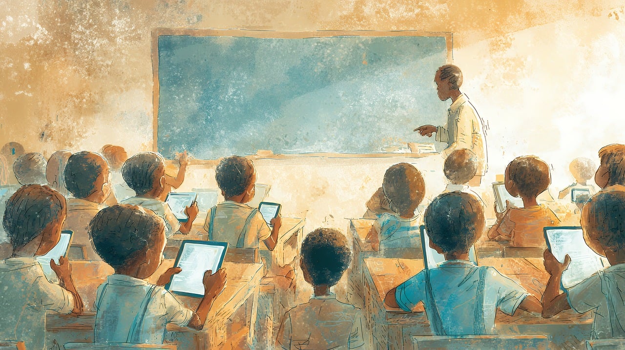 生成されたAi, クラスルーム, 子供達, タブレット, 学ぶ, 学校, 教育