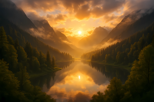 Sonnenaufgang, Berge, Nebel, Senke, See