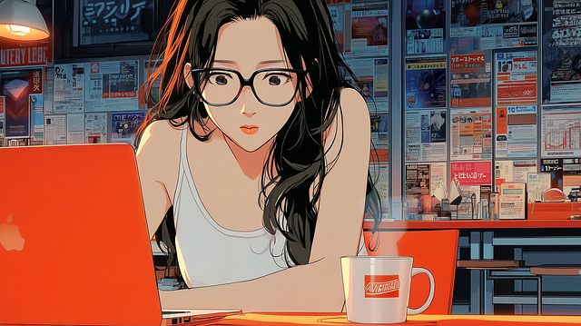 Free anime girl working on laptop anime café illustration