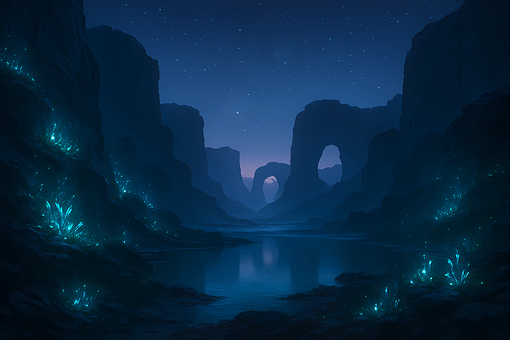 Fantasielandschaft, Schlucht, Dämmerung