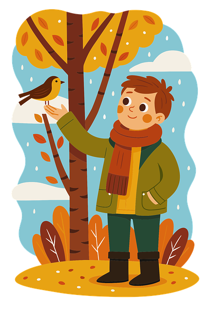 Free autumn scene cartoon boy feeding bird illustration