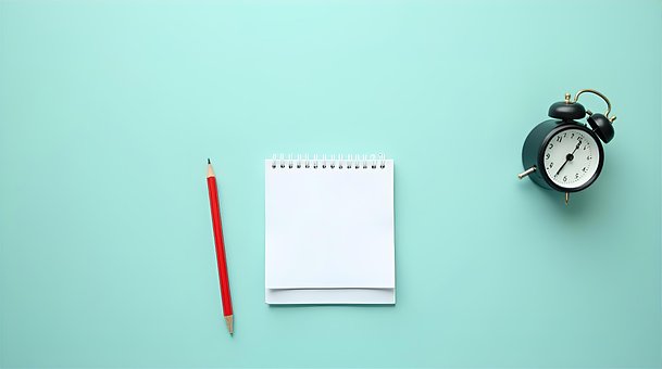 Notizblock, Bleistift, Uhr, Wecker, Zeit
